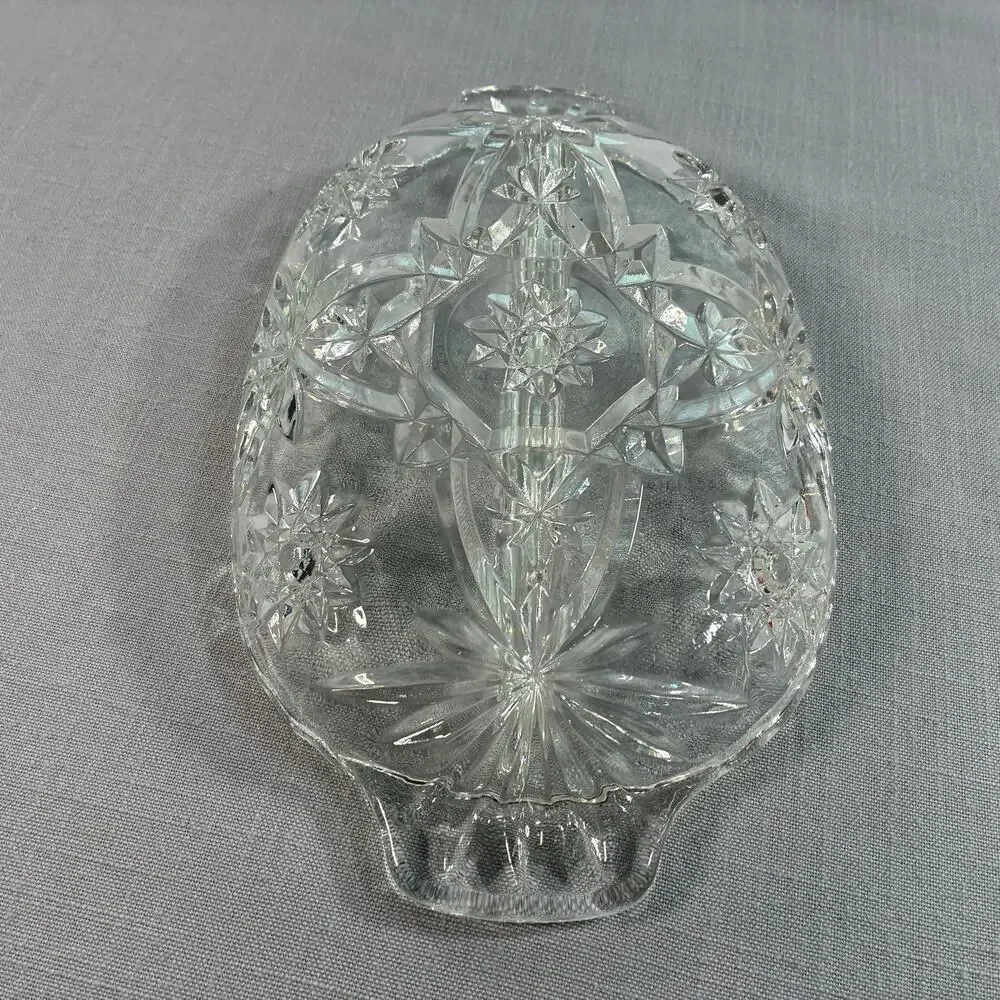 Vintage Clear Cut Glass Relish Tray Oval Handled Serving Dish Candy Nut Bowl